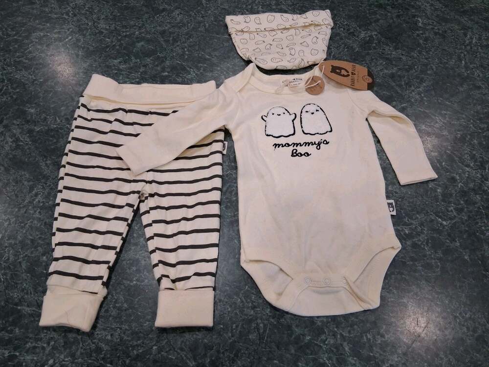 Rabbit Bear Organic Ghost Bodysuit Set 3 Pack 3-6M Halloween Mommy's Boo Striped